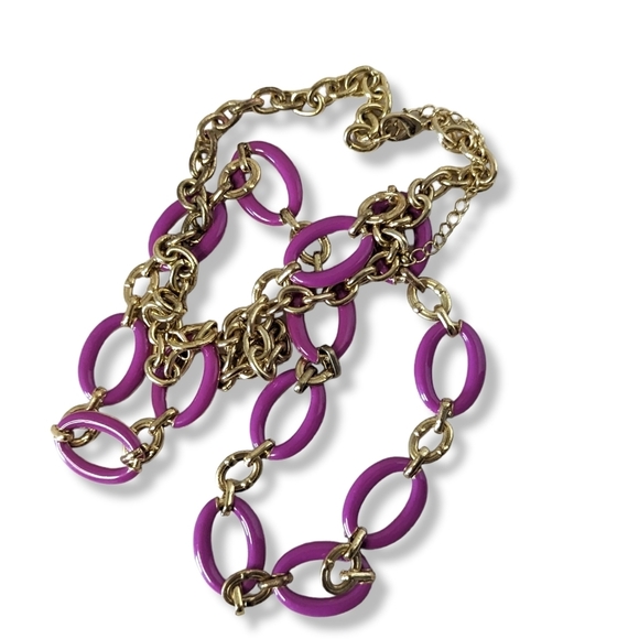 Vintage Estate Purple & Gold Long Oversize Link Chain Statement Necklace - Picture 5 of 7